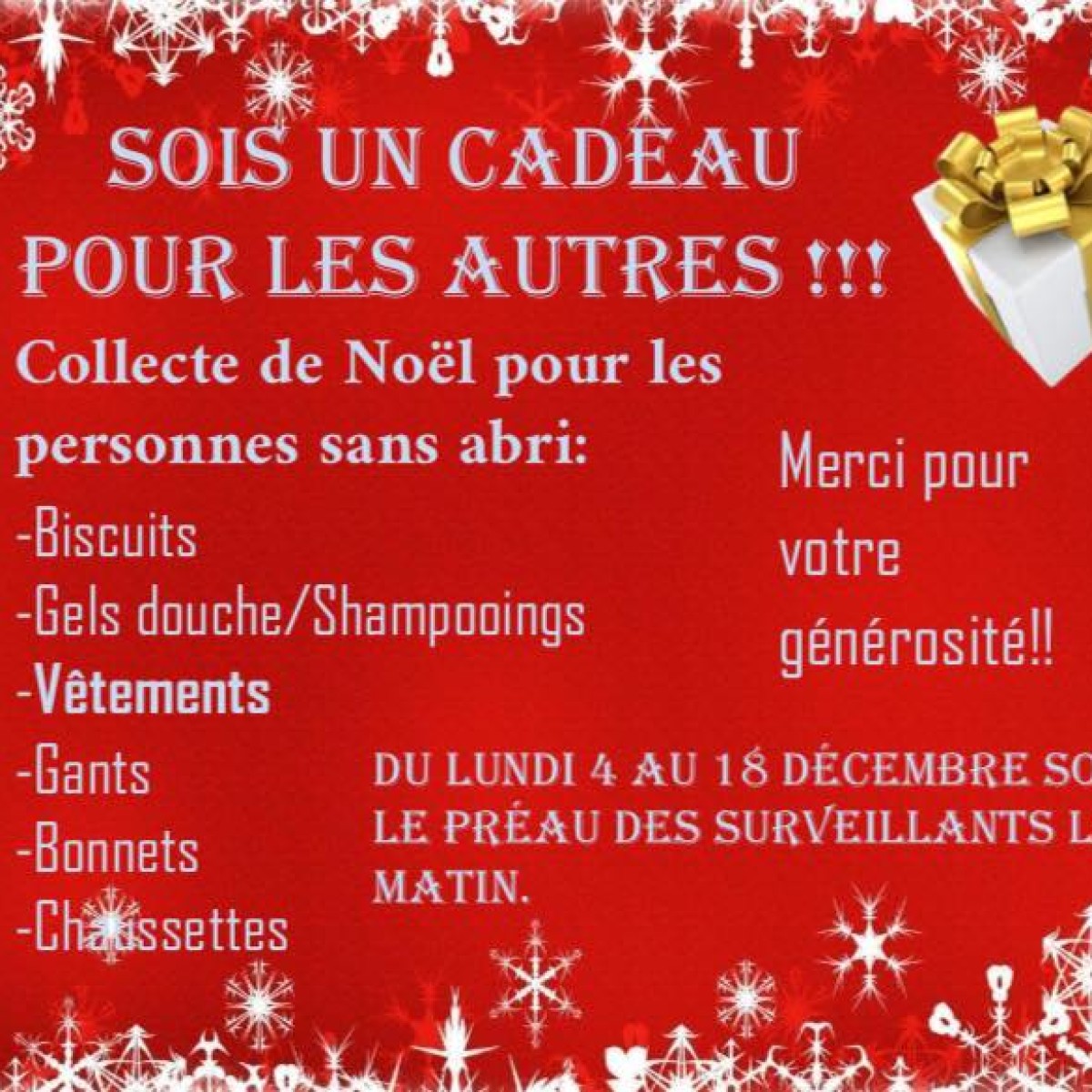 Collecte de Noël pour les personnes sans abri
