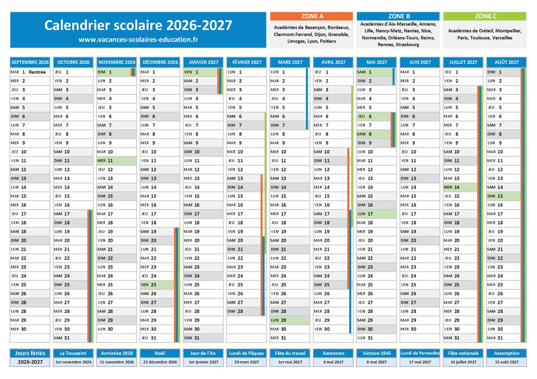 calendrier scolaire 2026 2027 avec jours feries