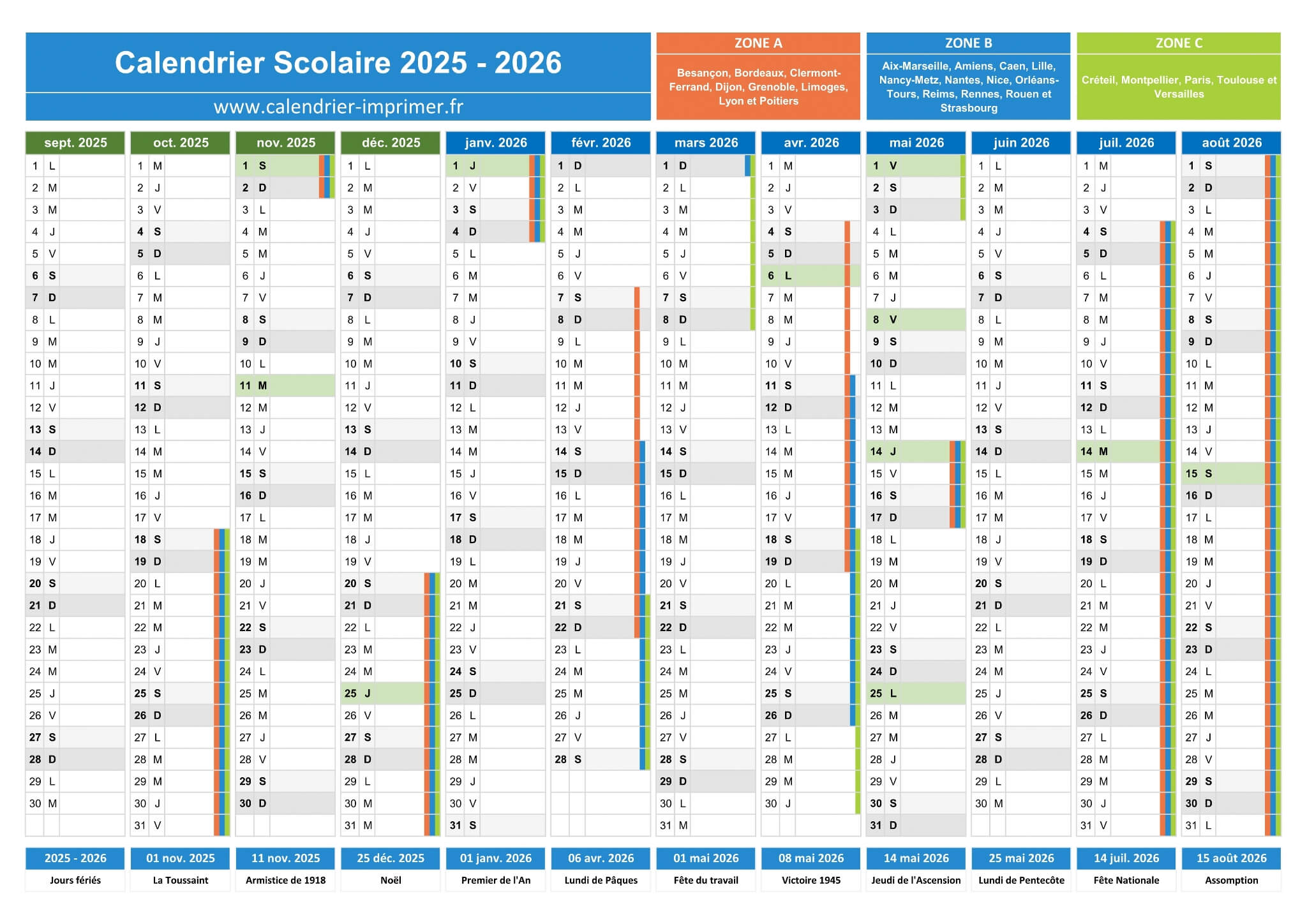 calendrier scolaire 2025 2026 avec jours feries